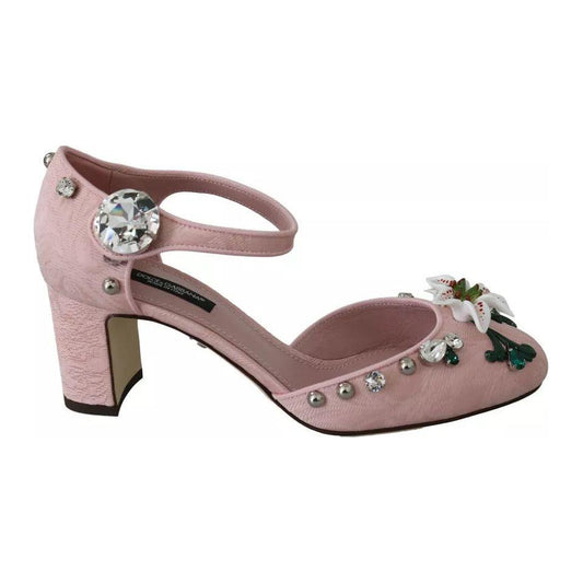 Dolce & Gabbana Pink Brocade Crystal Lily Ankle Strap Shoes LA8269-37