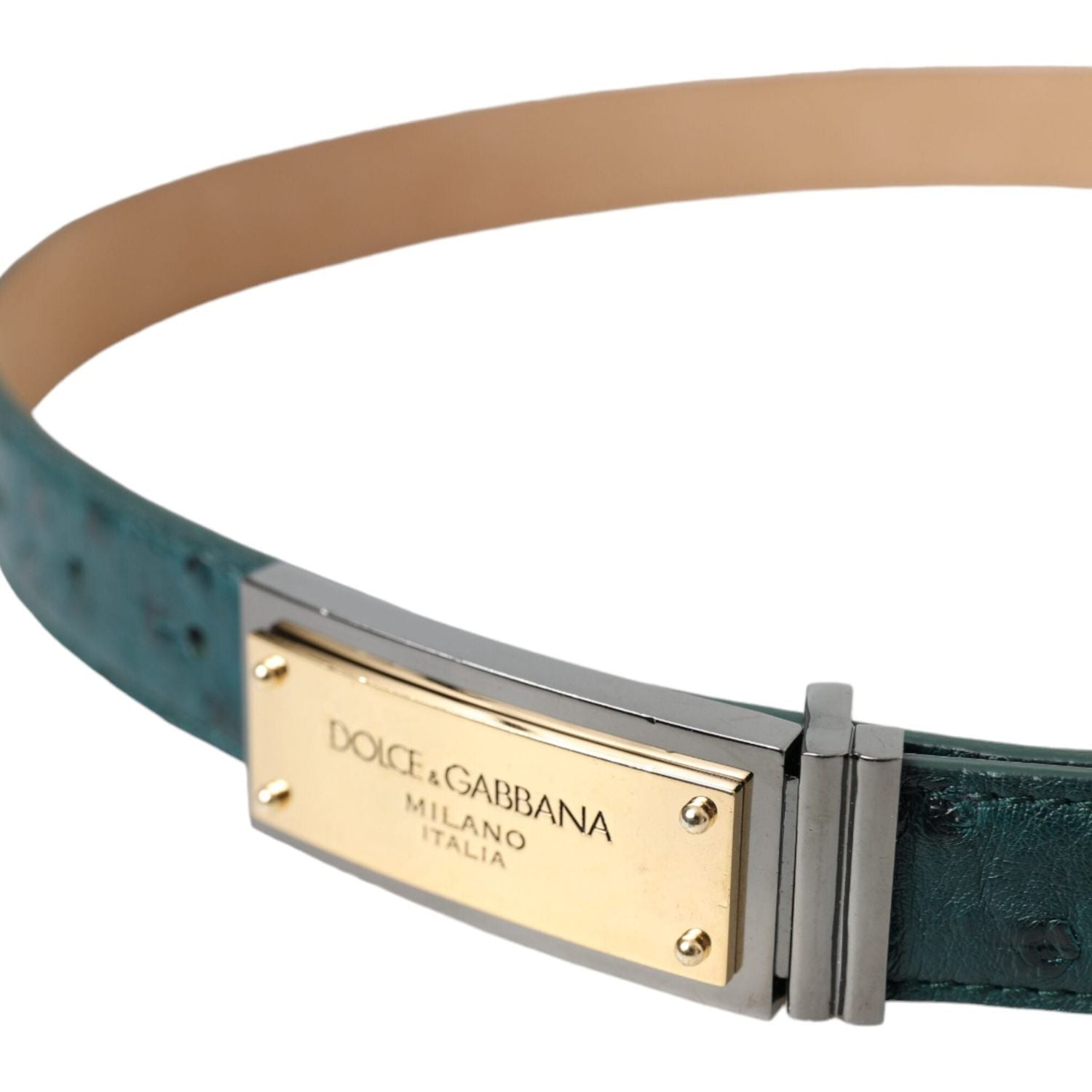 Dolce & Gabbana Green Leather Gold Logo Engraved Buckle Belt