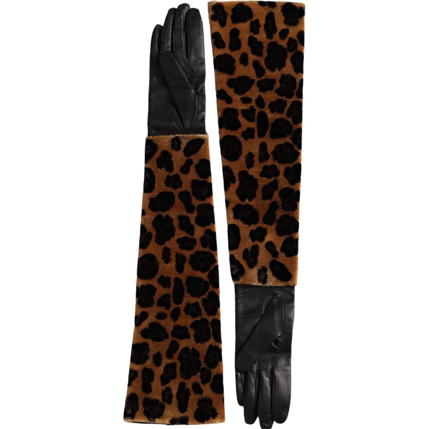 Dolce & Gabbana Brown Black Leopard Leather Elbow Length Gloves