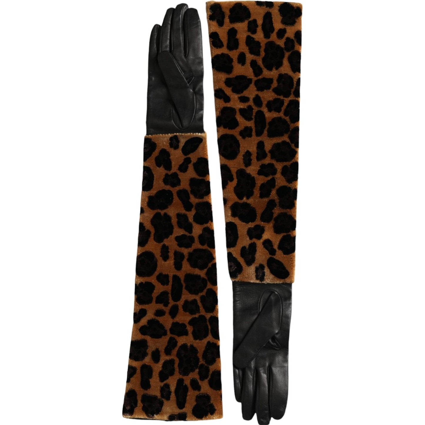 Dolce & Gabbana Brown Black Leopard Leather Elbow Length Gloves LB30140-6.5