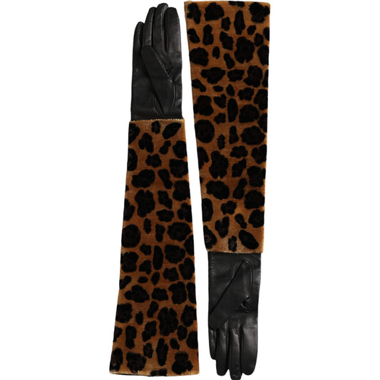 Dolce & Gabbana Brown Black Leopard Leather Elbow Length Gloves LB30140-6.5