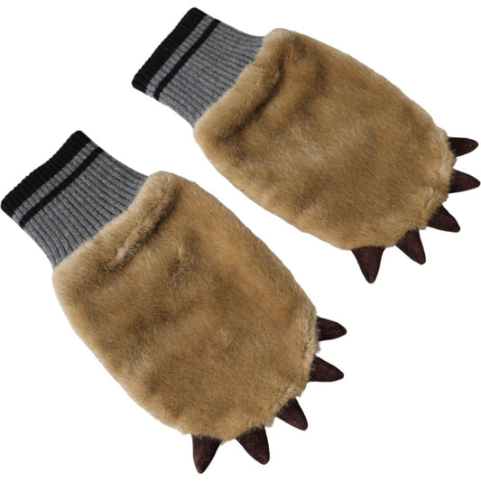 Dolce & Gabbana Beige Acrylic Knitted Fur Wrist Mitten Gloves LB30143