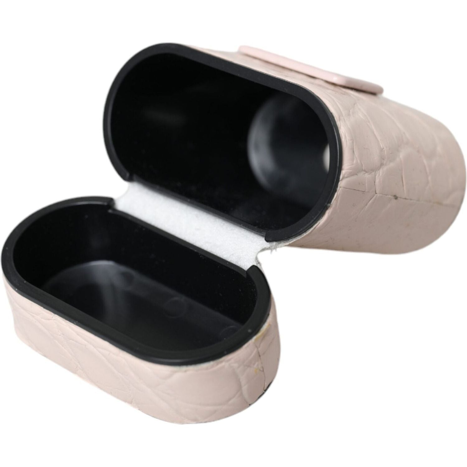 حافظة سماعات Airpods من Dolce &amp; Gabbana مصنوعة من الجلد باللون الوردي الفاتح ومزينة بشعار معدني