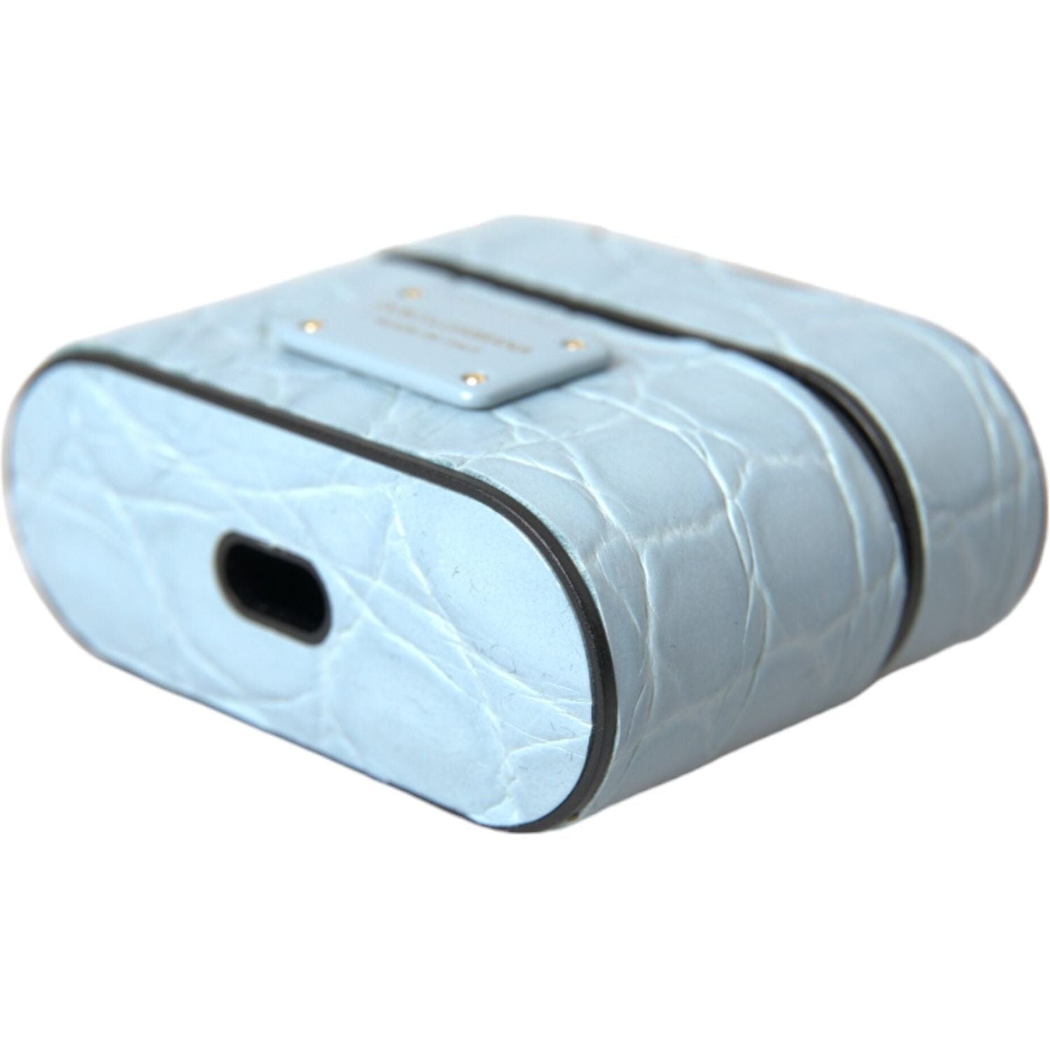 حافظة سماعات Airpods من Dolce &amp; Gabbana مصنوعة من الجلد باللون الأزرق الفاتح ومزينة بشعار معدني