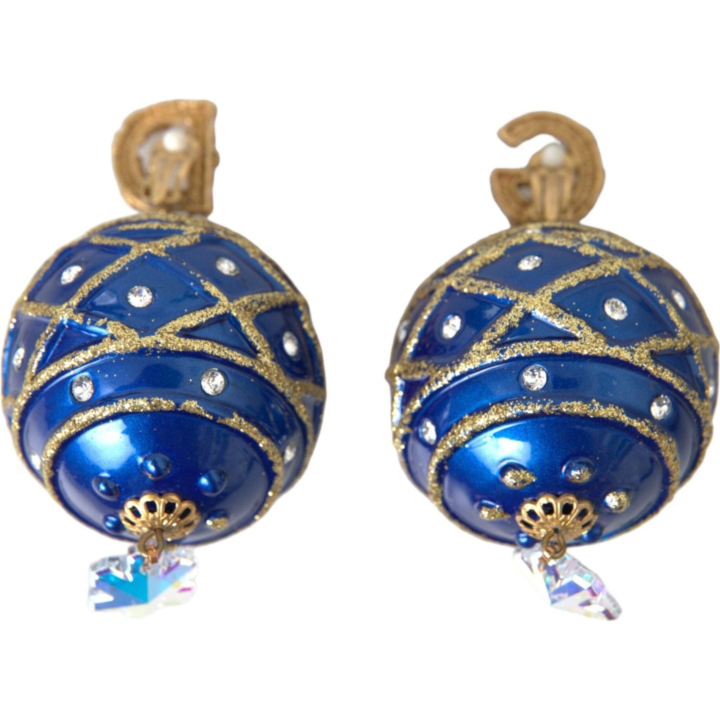 Dolce & Gabbana Gold Brass Blue Dangle Christmas Ball Crystal Clip On Earrings SMY10161