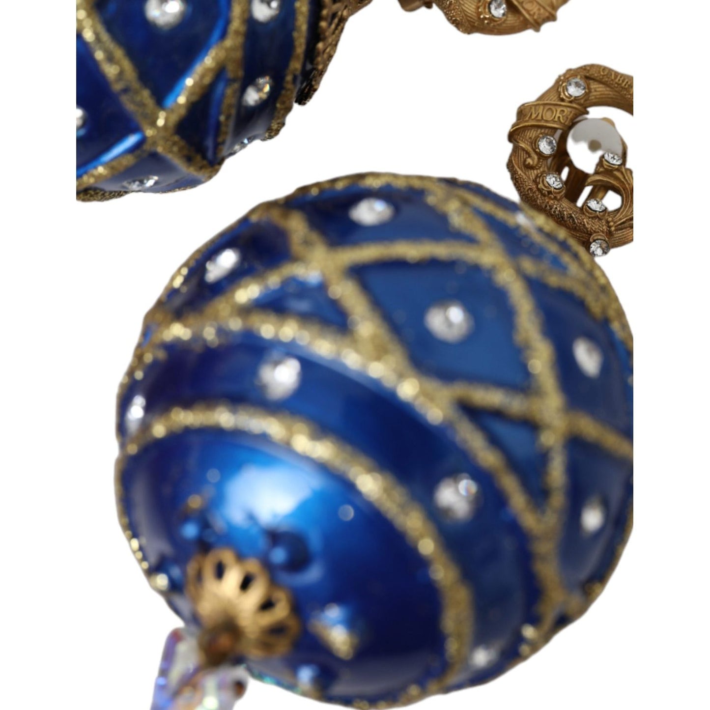 Dolce & Gabbana Gold Brass Blue Dangle Christmas Ball Crystal Clip On Earrings SMY10161