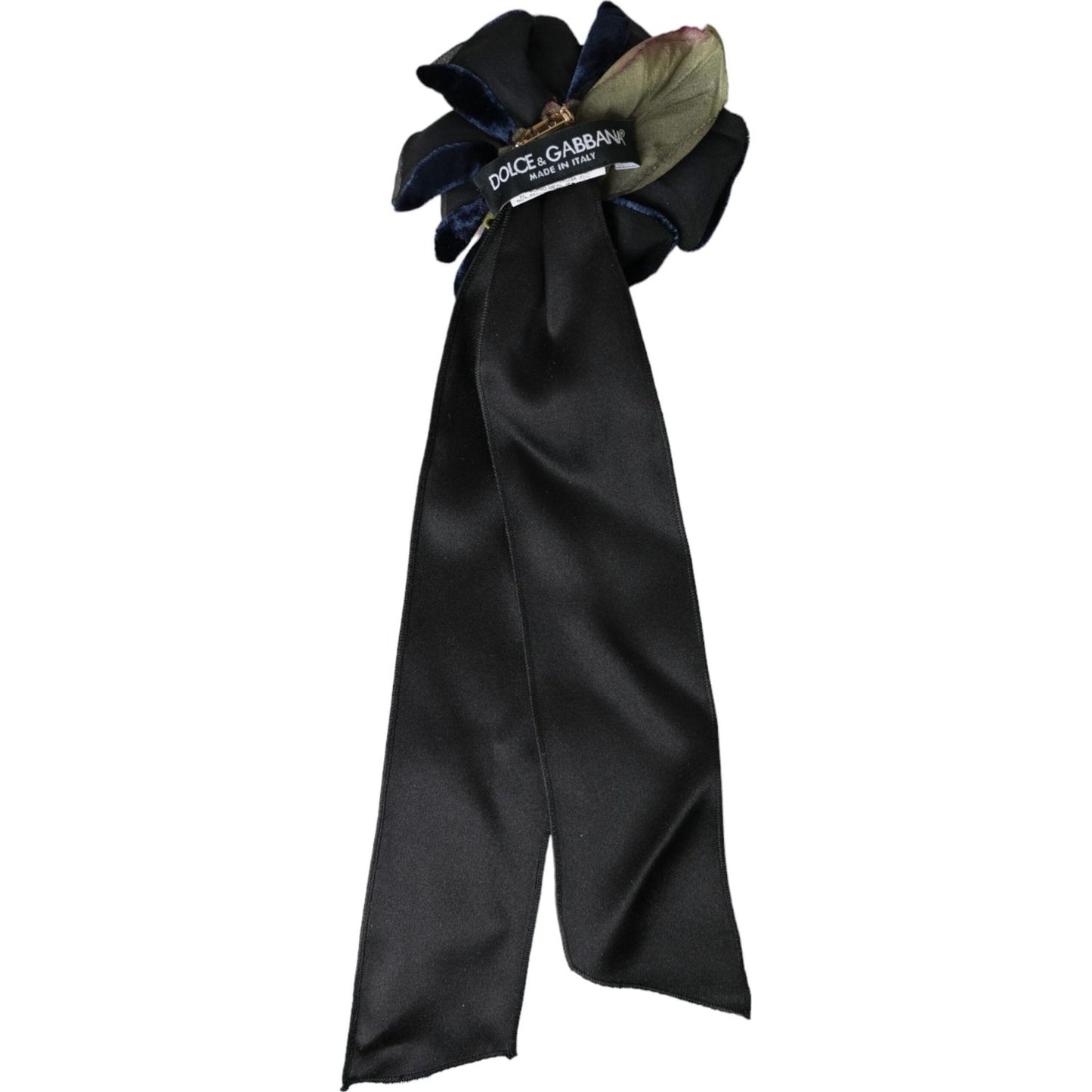 Dolce & Gabbana Black Silk Gold Brass Floral Hair Pin Brooch Brooch