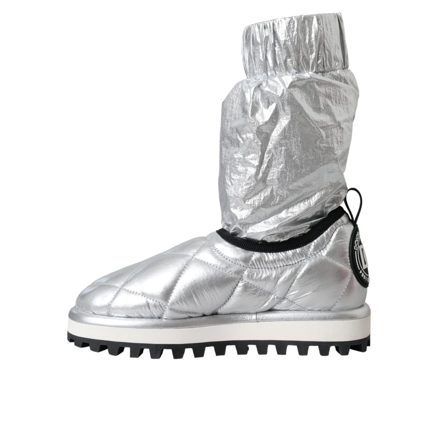 Dolce & Gabbana Metallic Silver Quilted Logo Patch Boot Shoes