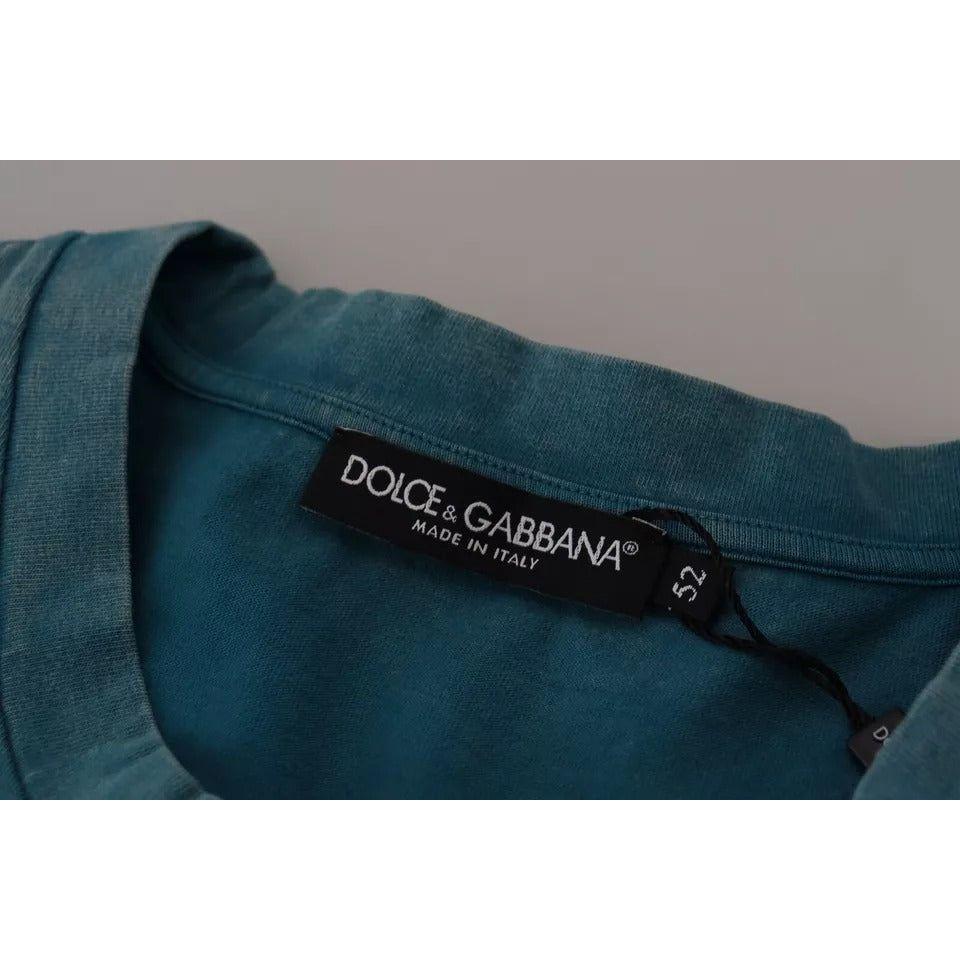 تي شيرت Dolce &amp; Gabbana أزرق بطبعة شعار من القطن برقبة دائرية