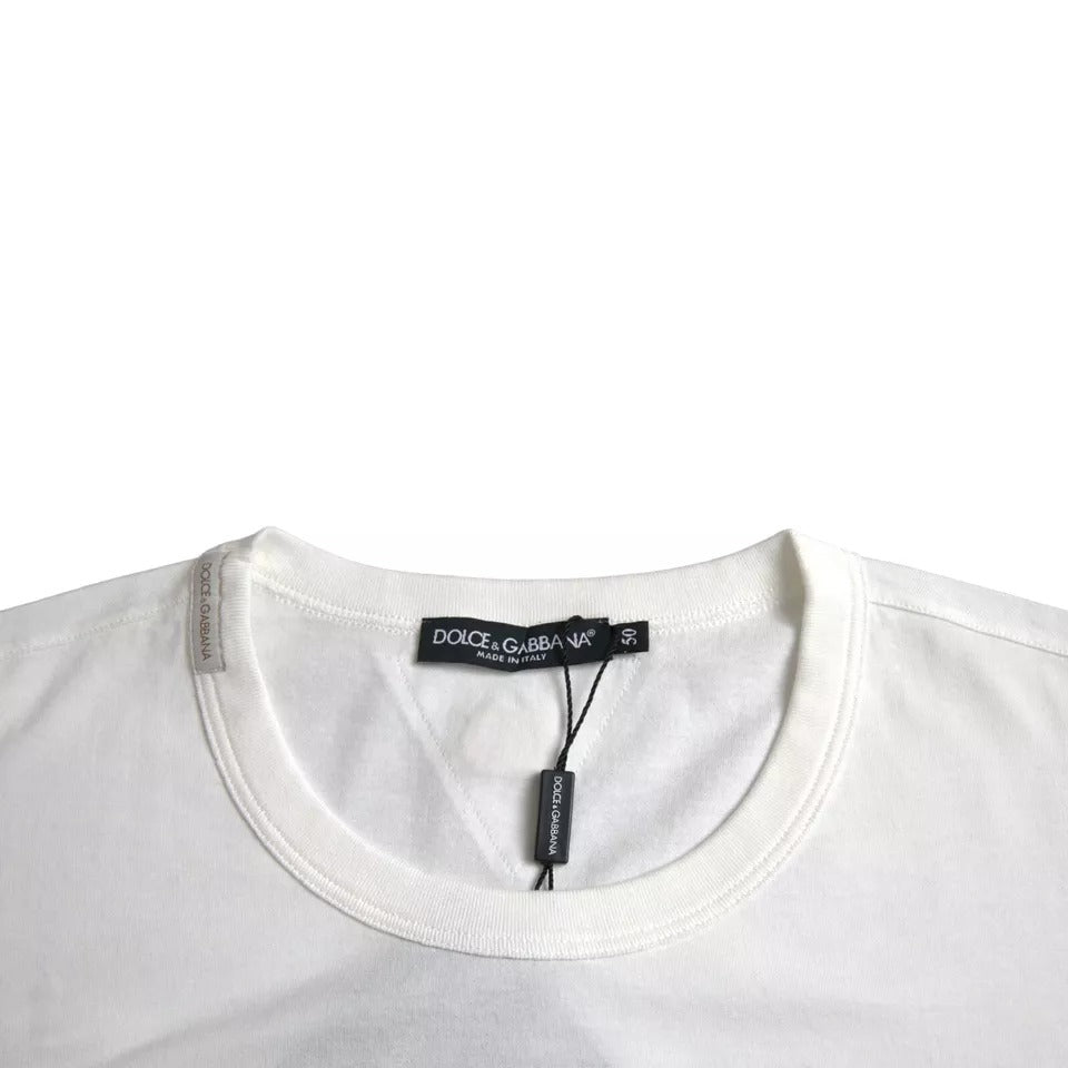 تي شيرت Dolce &amp; Gabbana أبيض من القطن بطبعة شعار الأزهار ورقبة دائرية