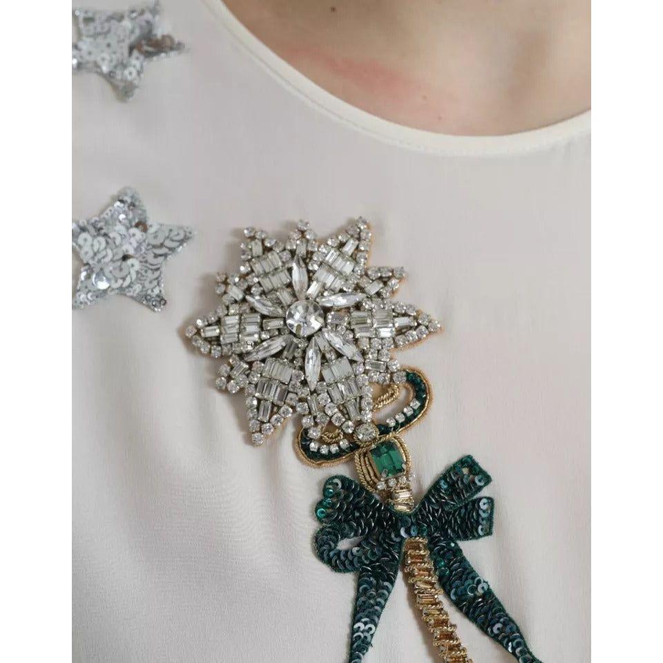 Dolce & Gabbana White Silk Crystal 3/4 Sleeves Blouse Top TSH852008-42