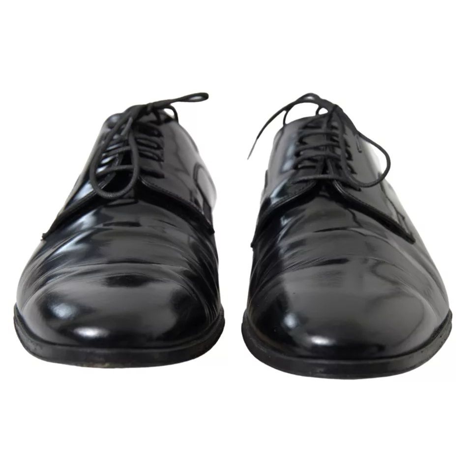 Dolce & Gabbana Black Polished Leather Formal Dress Shoes with logo details, slightly preowned, front view
