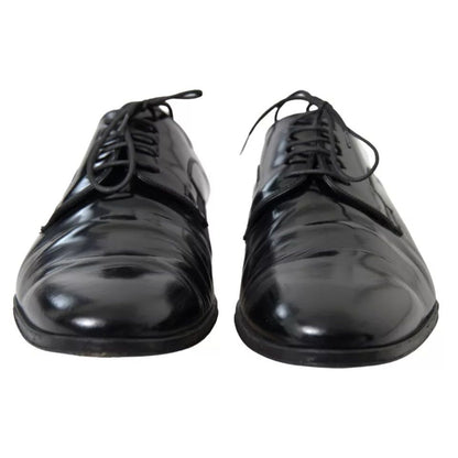 Dolce & Gabbana Black Polished Leather Formal Dress Shoes with logo details, slightly preowned, front view