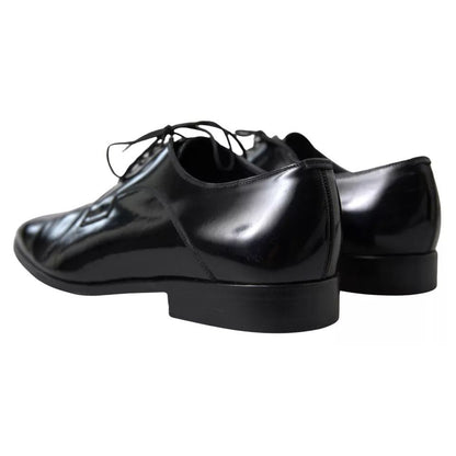 Dolce & Gabbana Black Polished Leather Formal Dress Shoes with logo details, preowned with tags, made in Italy.