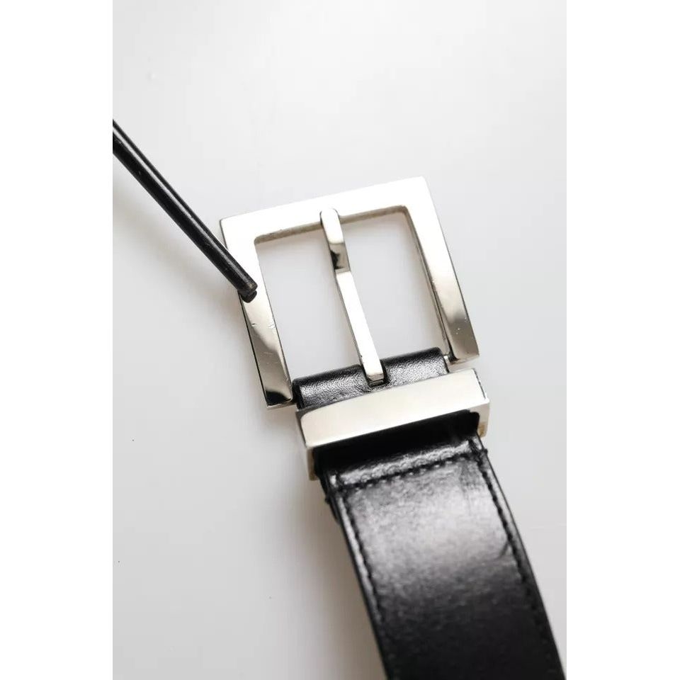 Dolce & Gabbana Black Leather Beige Strap Silver Metal Buckle Belt