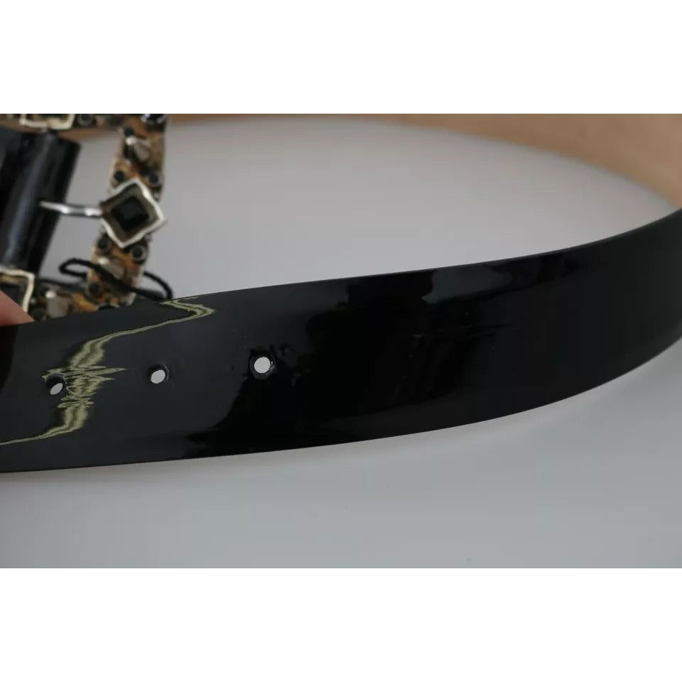 Dolce & Gabbana Black Shiny Leather Crystal Logo Buckle Belt BEL60869-65