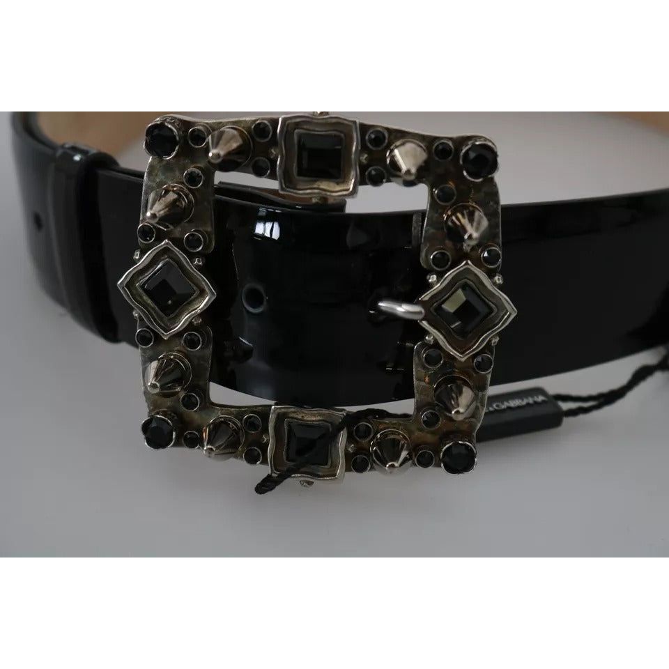 Dolce & Gabbana Black Shiny Leather Crystal Logo Buckle Belt BEL60869-65