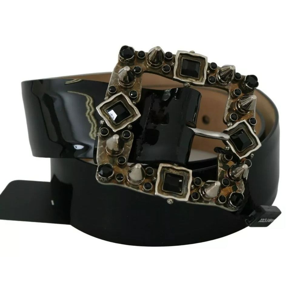 Dolce & Gabbana Black Shiny Leather Crystal Logo Buckle Belt BEL60869-65