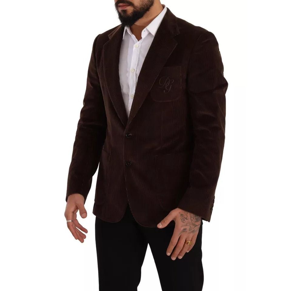 Dolce & Gabbana Brown Corduroy Slim Fit Coat DG Logo Blazer KOS1924-50