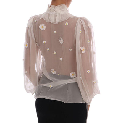 Dolce & Gabbana White Daisy Applique Silk Shirt