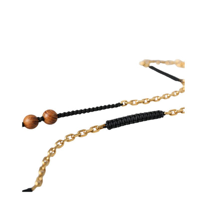 Dolce & Gabbana Black Gold Wooden Beaded Logo Pendant Necklace