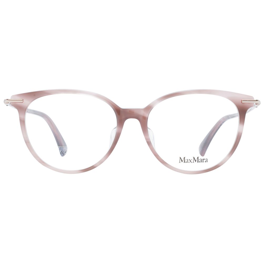 Max Mara Pink Women Glasses Frame in rose color with full-rim plastic round style and 53-16-140 size.