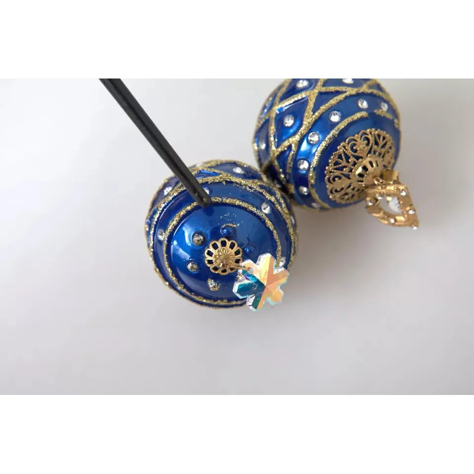 Dolce & Gabbana Gold Brass Blue Dangle Christmas Ball Crystal Clip On Earrings SMY10161
