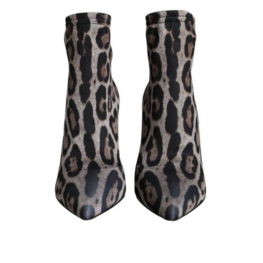 Dolce & Gabbana Gray Leopard Stretch Heels Ankle Boots Shoes