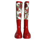 Dolce & Gabbana Red Floral Rubber Knee High Flat Boots Shoes