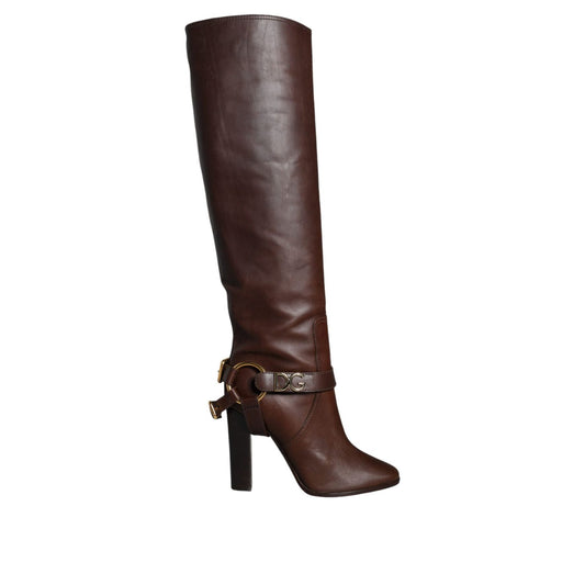 Dolce & Gabbana Brown Leather Gold Tone Logo High Boots Shoes