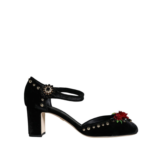 Dolce & Gabbana Black Velvet Roses Ankle Strap Pumps Shoes