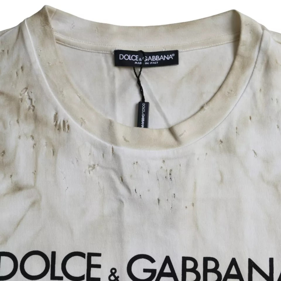 تي شيرت Dolce &amp; Gabbana Off White Logo من القطن برقبة دائرية