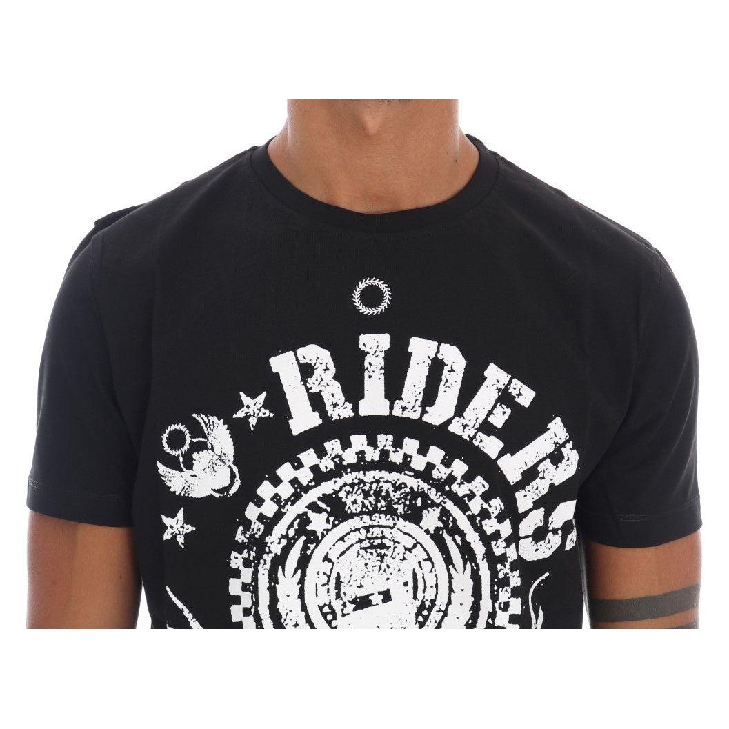 تي شيرت Frankie Morello أنيق أسود اللون برقبة دائرية مع شعار "RIDERS"