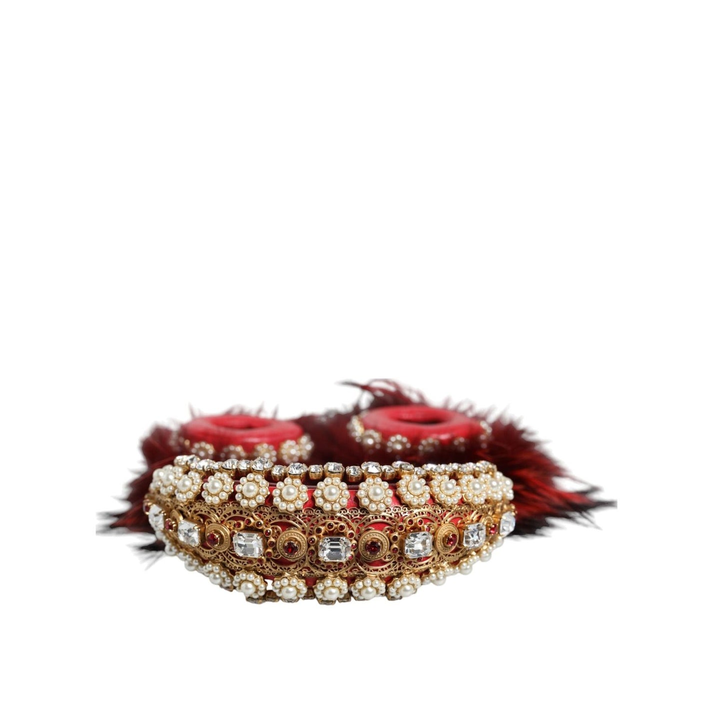 Dolce & Gabbana Red Gold Crystal Fur Headset Audio AUX Headphones SMY10426