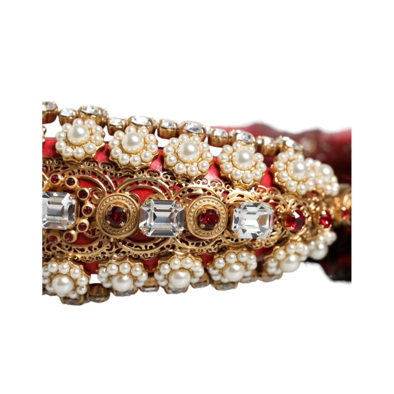 سماعات رأس من الفرو الكريستالي باللون الأحمر الذهبي من دولتشي آند غابانا مع نظام صوت AUX