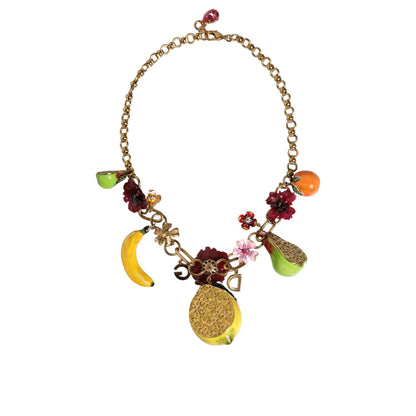 Dolce & Gabbana Gold Brass FRUIT Pendants Flowers Crystal Logo Necklace