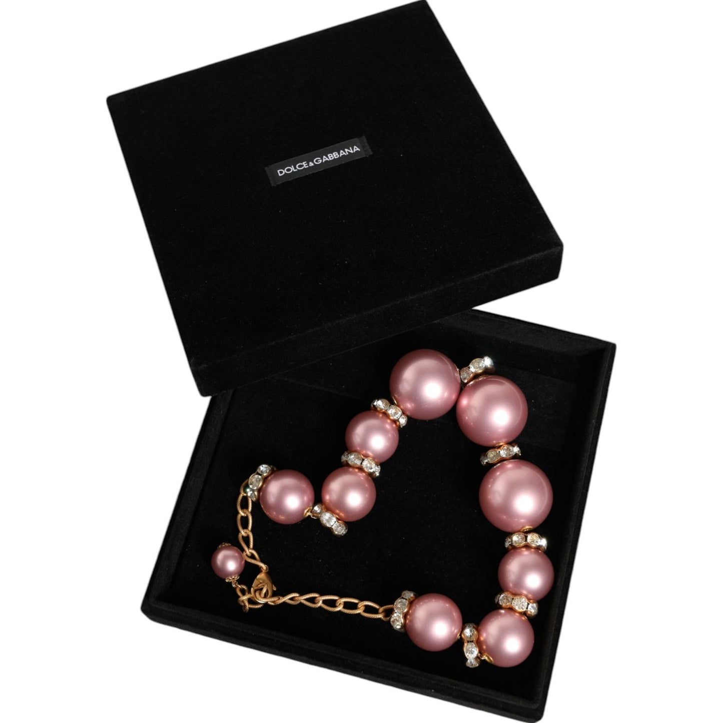 Dolce & Gabbana Pink Maxi Faux Pearl Beads Crystals Gold Chain Necklace SMY10360