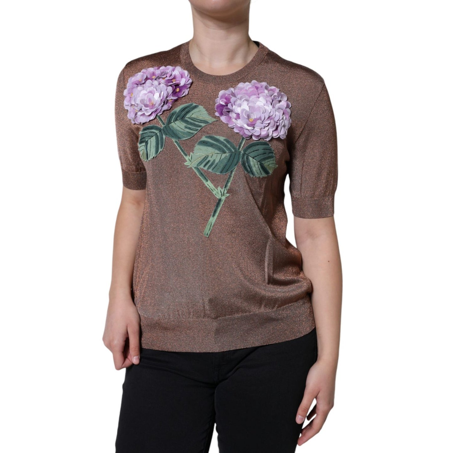 Dolce & Gabbana Brown Floral Applique Viscose Short Sleeve Top