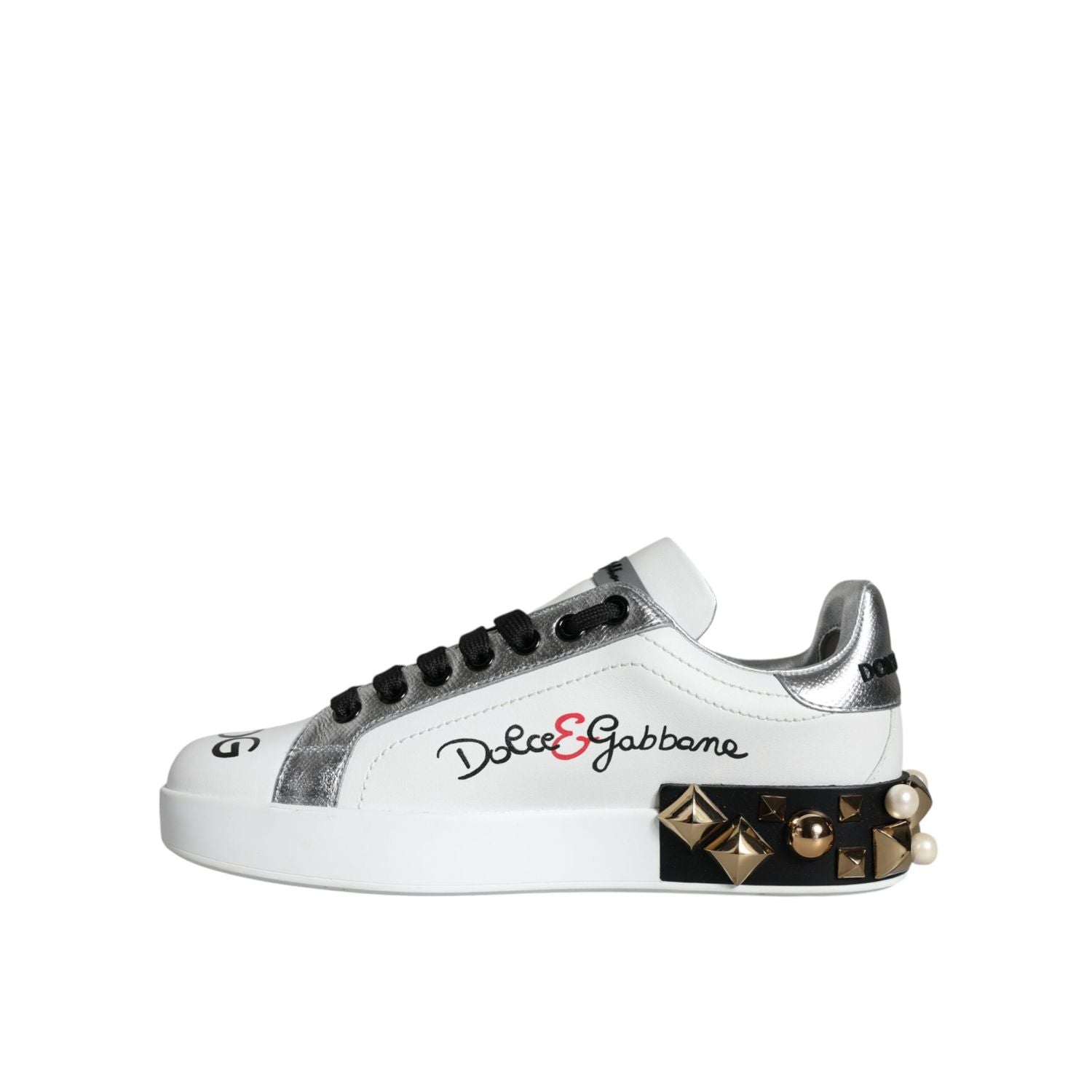 Dolce & Gabbana White Leather Floral Studded Sneakers Shoes
