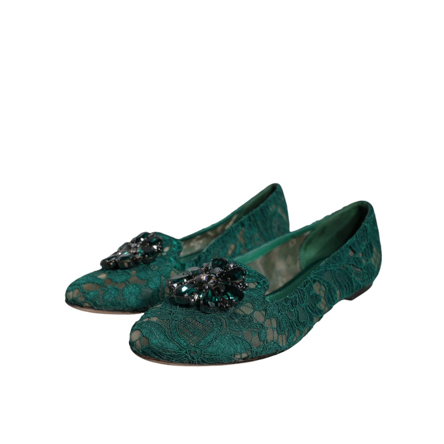 Dolce & Gabbana Green Lace Crystal Ballet Flats Loafers Shoes