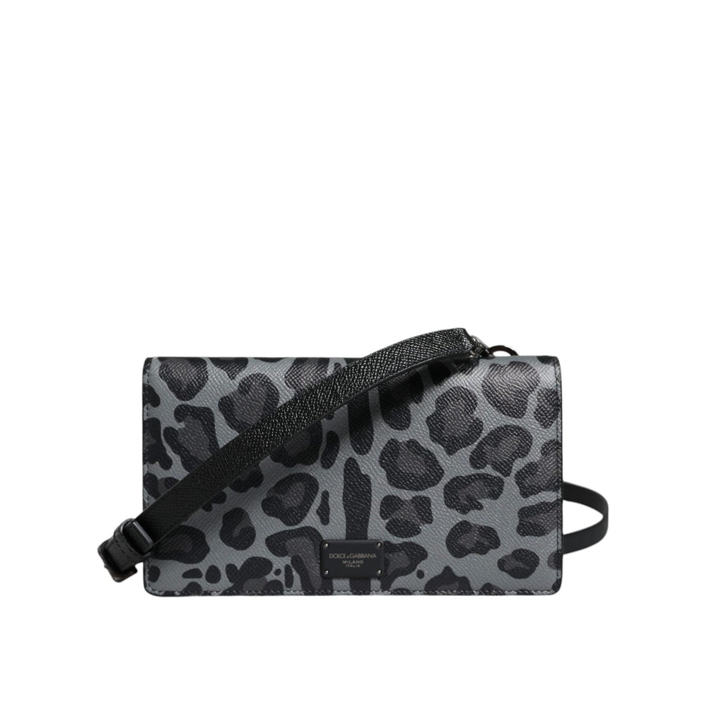 Dolce & Gabbana Black Gray Leopard Leather Bifold Card Slot Crossbody Bag BAG4120