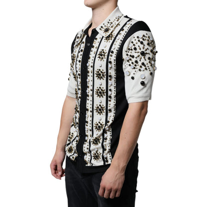 Dolce & Gabbana White Black Silk Studded Stone Crystal Shirt