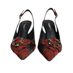 Dolce & Gabbana Black Red Floral Crystal Heel Slingback Shoes