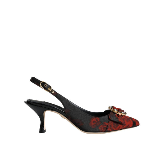 Dolce & Gabbana Black Red Floral Crystal Heel Slingback Shoes