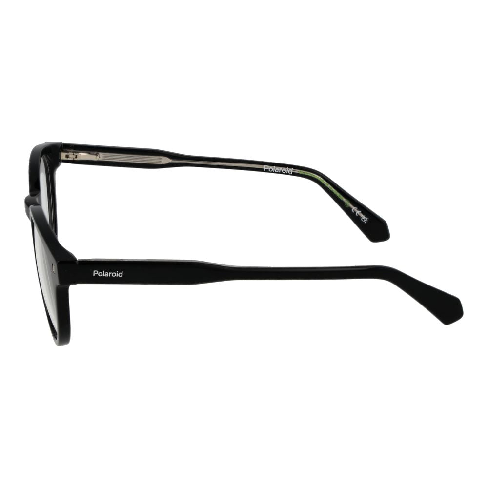 Polaroid Black Unisex Glasses Frame side view with eco acetate full-rim round design and spring hinges.