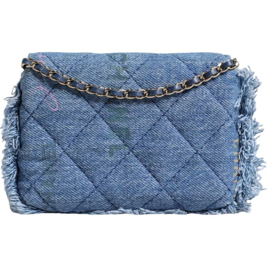 Chanel Denim Mood Flap Micro Logo Printed Fringed Shoulder Bag CHA185