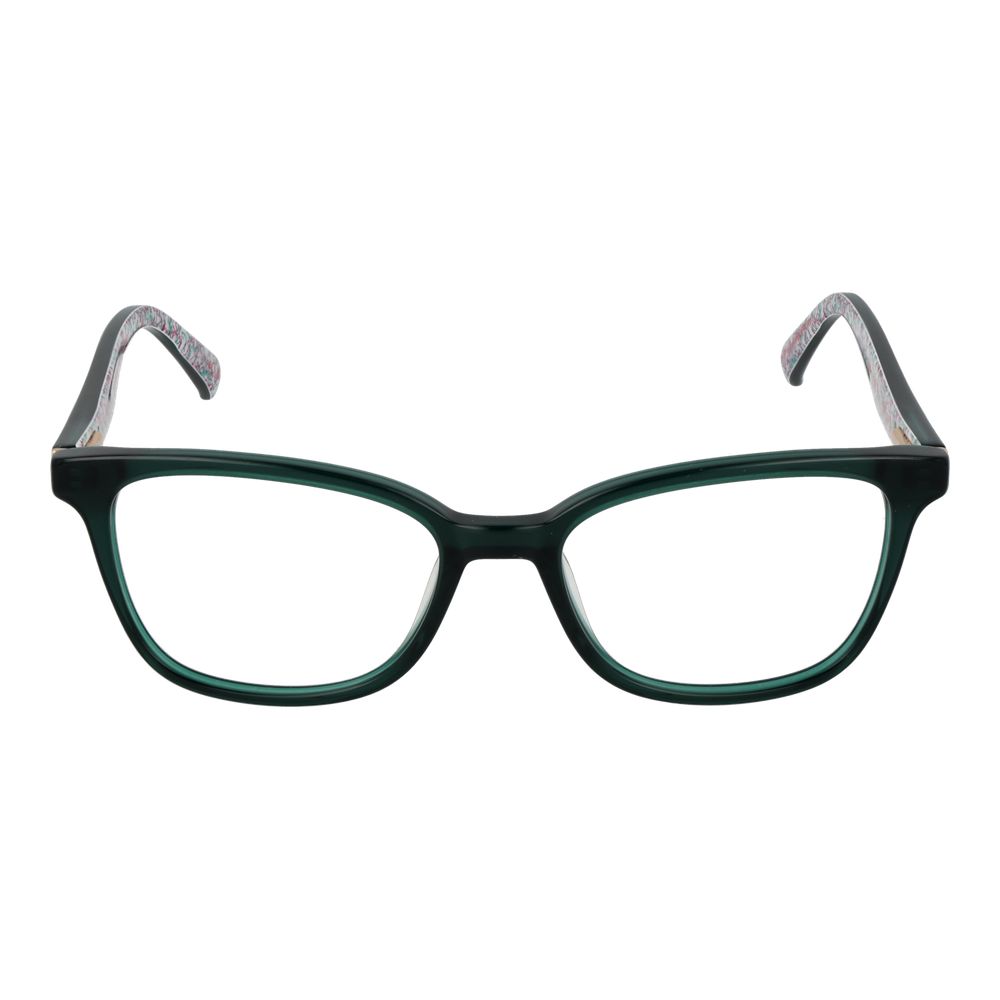 Ted Baker Green Women Glasses Frame with full-rim plastic design and rectangle shape, includes branded case. Lens width 49mm, temple length 140mm.