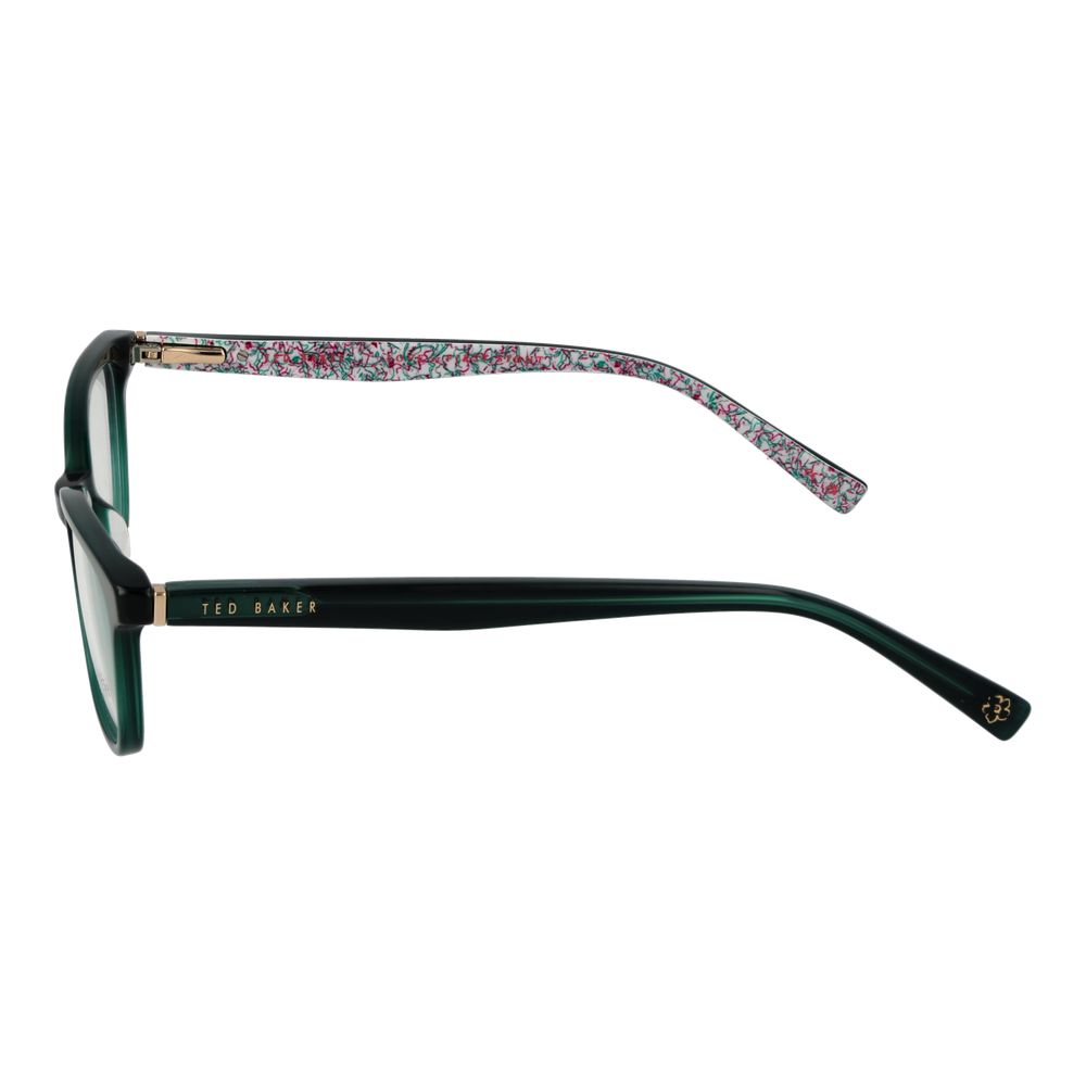 Side view of Ted Baker Green Women Glasses Frame with full-rim green plastic rectangle frame and patterned temple.
