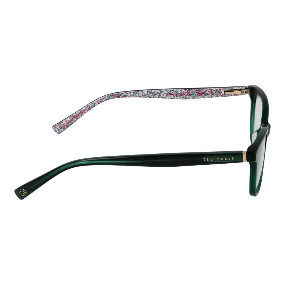 Side view of Ted Baker Green Women Glasses Frame showing full-rim plastic rectangle design with stylish temples, includes branded case.