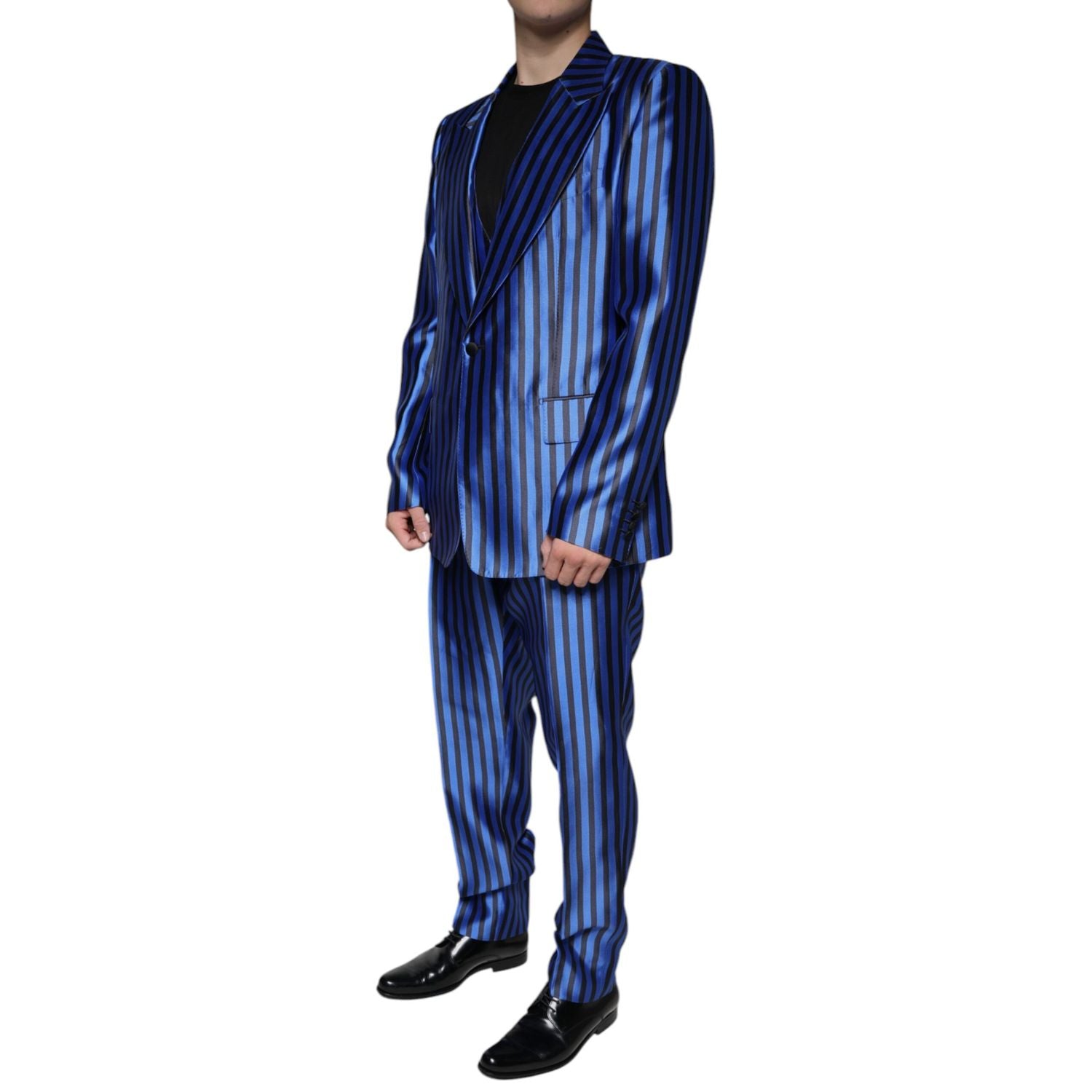 Dolce & Gabbana Metallic Blue Stripes Formal 3 Piece Suit